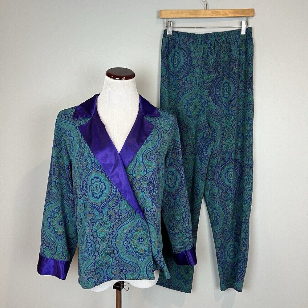 Vtg Victoria’s Secret Gold Label‎ Pajama Set Green Purple Paisley Size XS